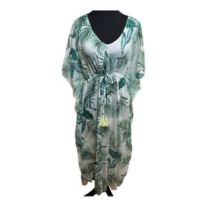 Kona Sol Tropical Palm Leaf Midi Dress Cover Up M Green Resort Vacation Tassel